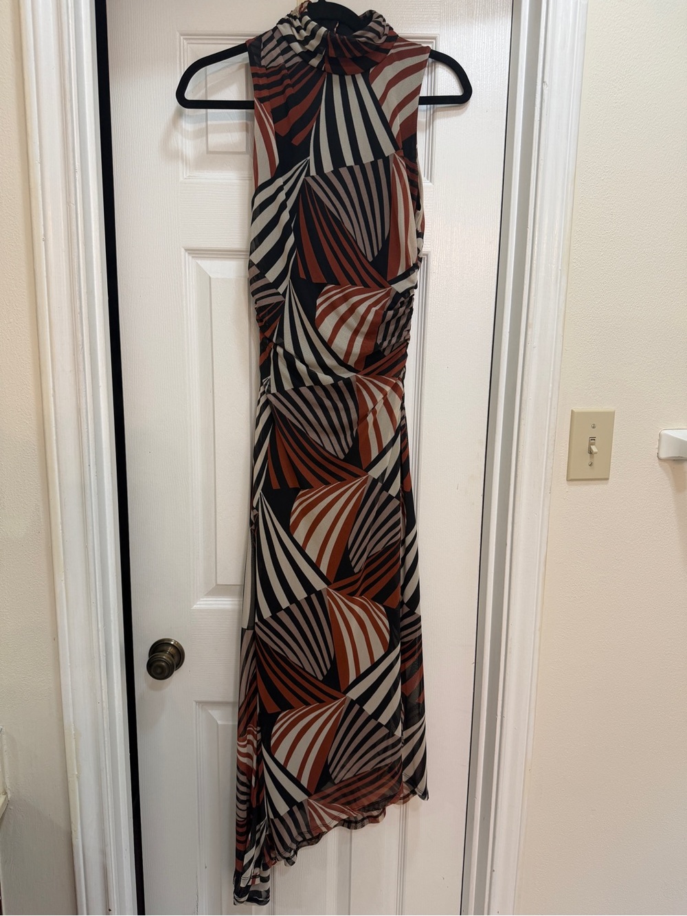 Sleeveless High-Neck Geometric Maxi Dress in Black, Rust & Cream